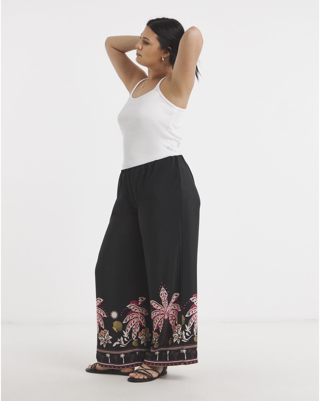 Simply Be Black Palm Printed Palazzo Trouser