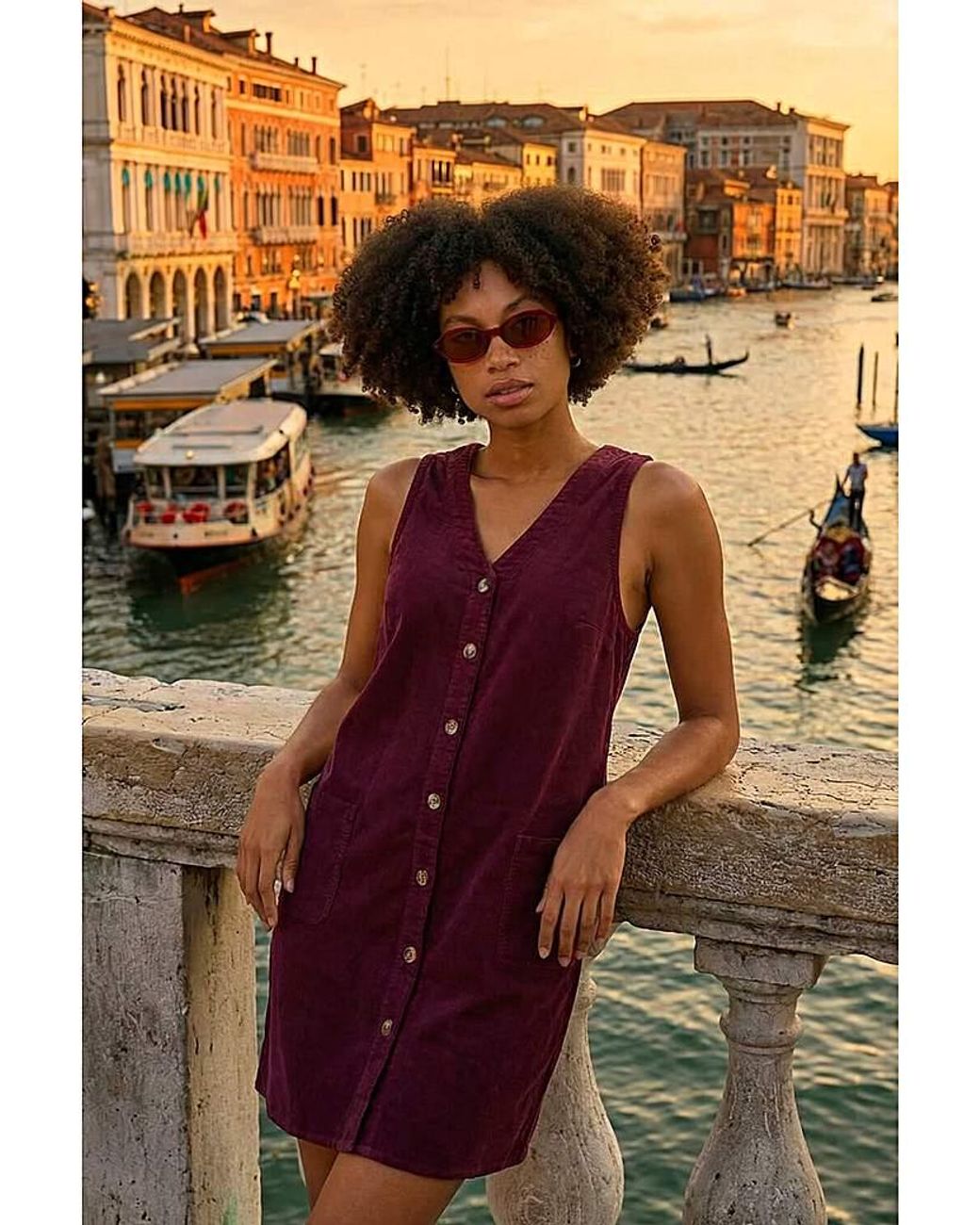 Roman Multicolor Roman Cotton V-Neck Button Pocket Dress