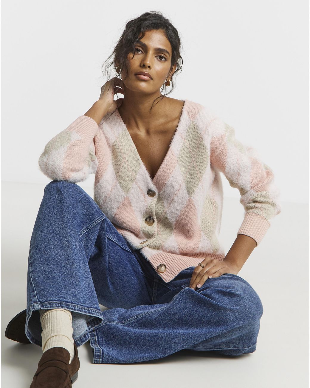 Simply Be Blue Fluffy Argyle Boyfriend Cardigan