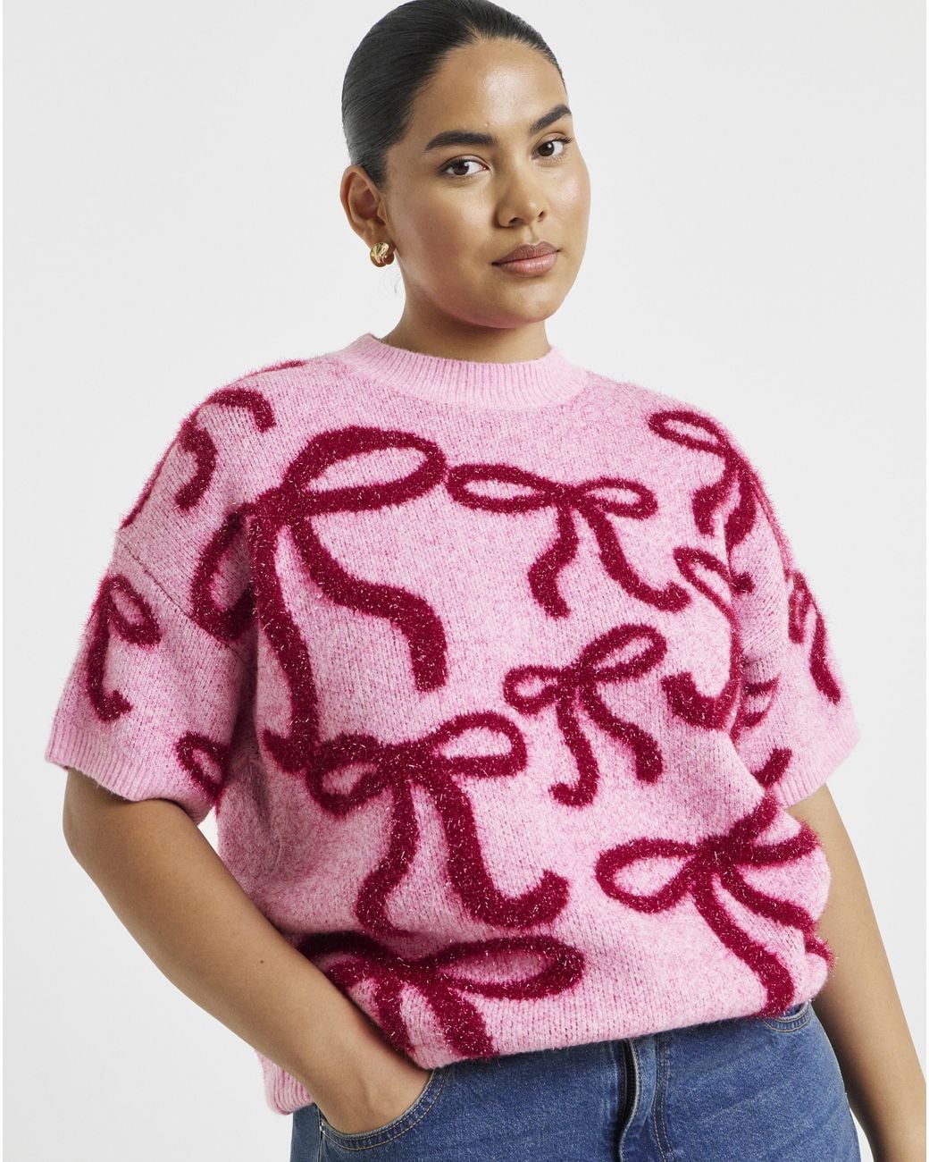 Simply Be Pink Tinsel Bow Short Sleeve Jumper