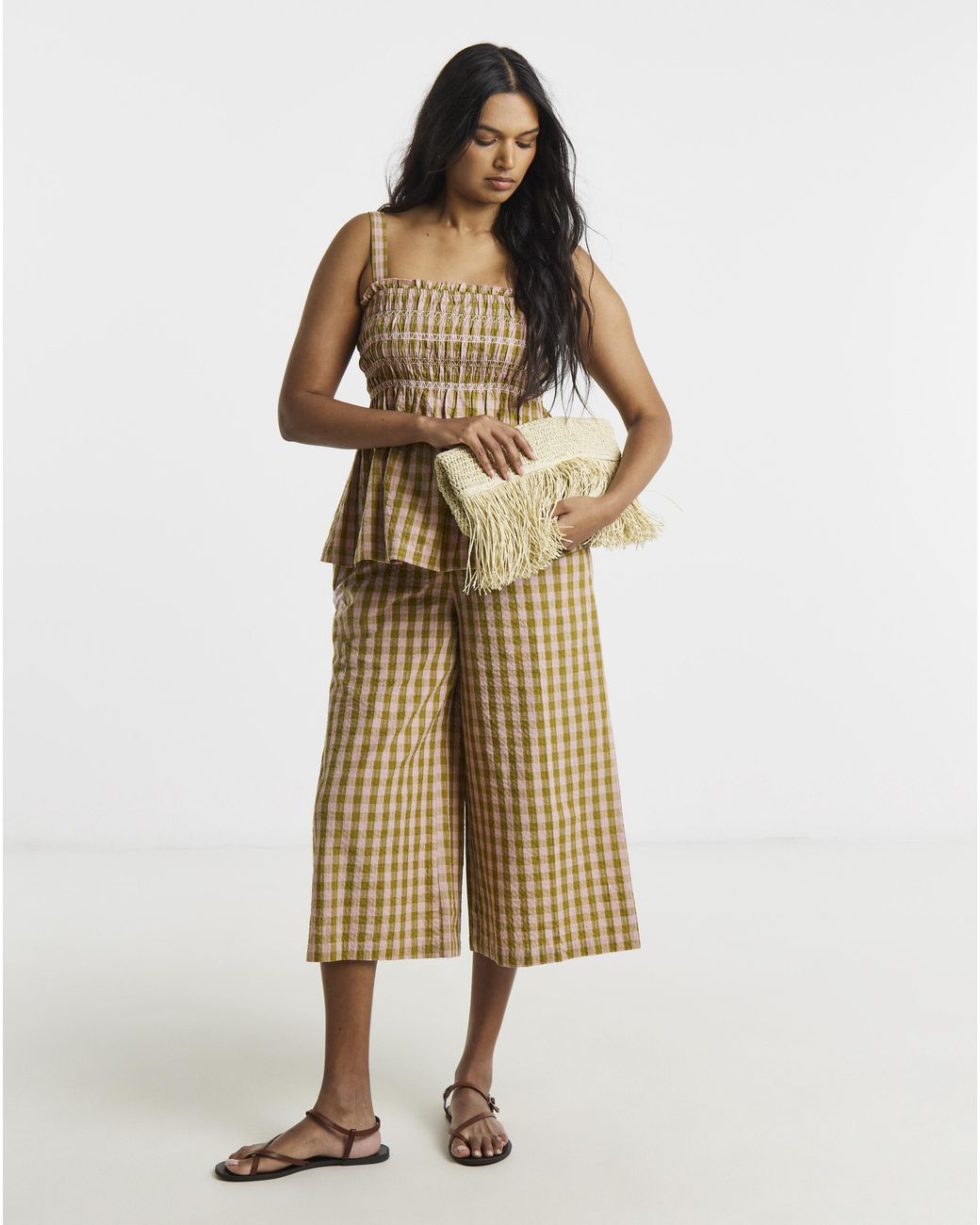 Simply Be Brown Gingham Shirred Detail Cami