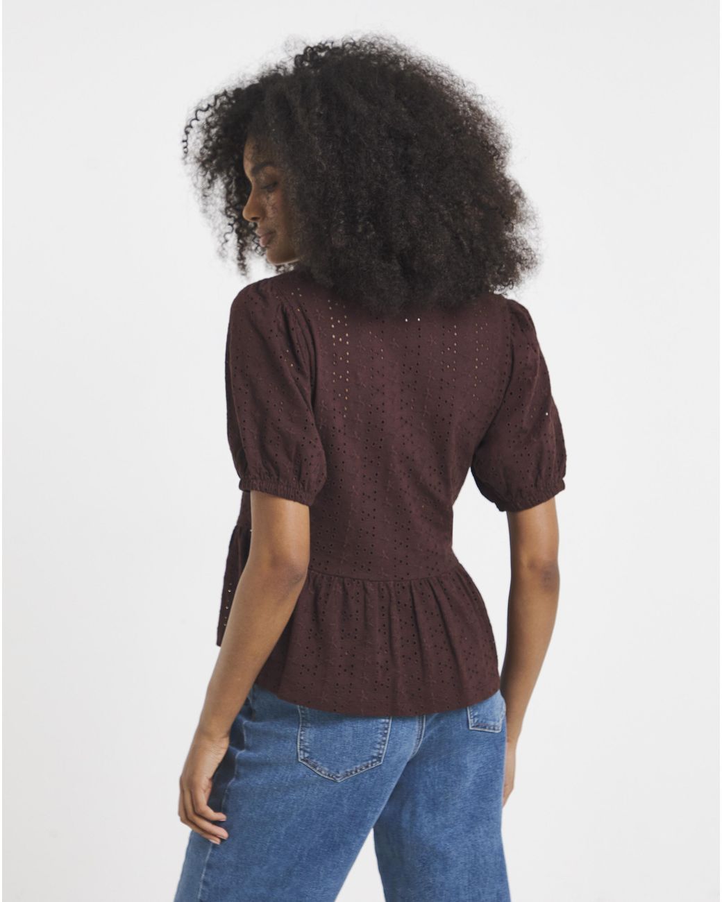 Simply Be Brown Stretch Broderie Square Neck Peplum
