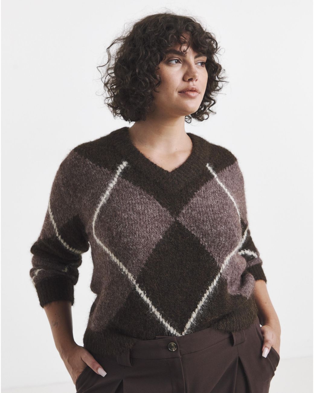Vila Gray Tolise V-Neck Check Knit Jumper