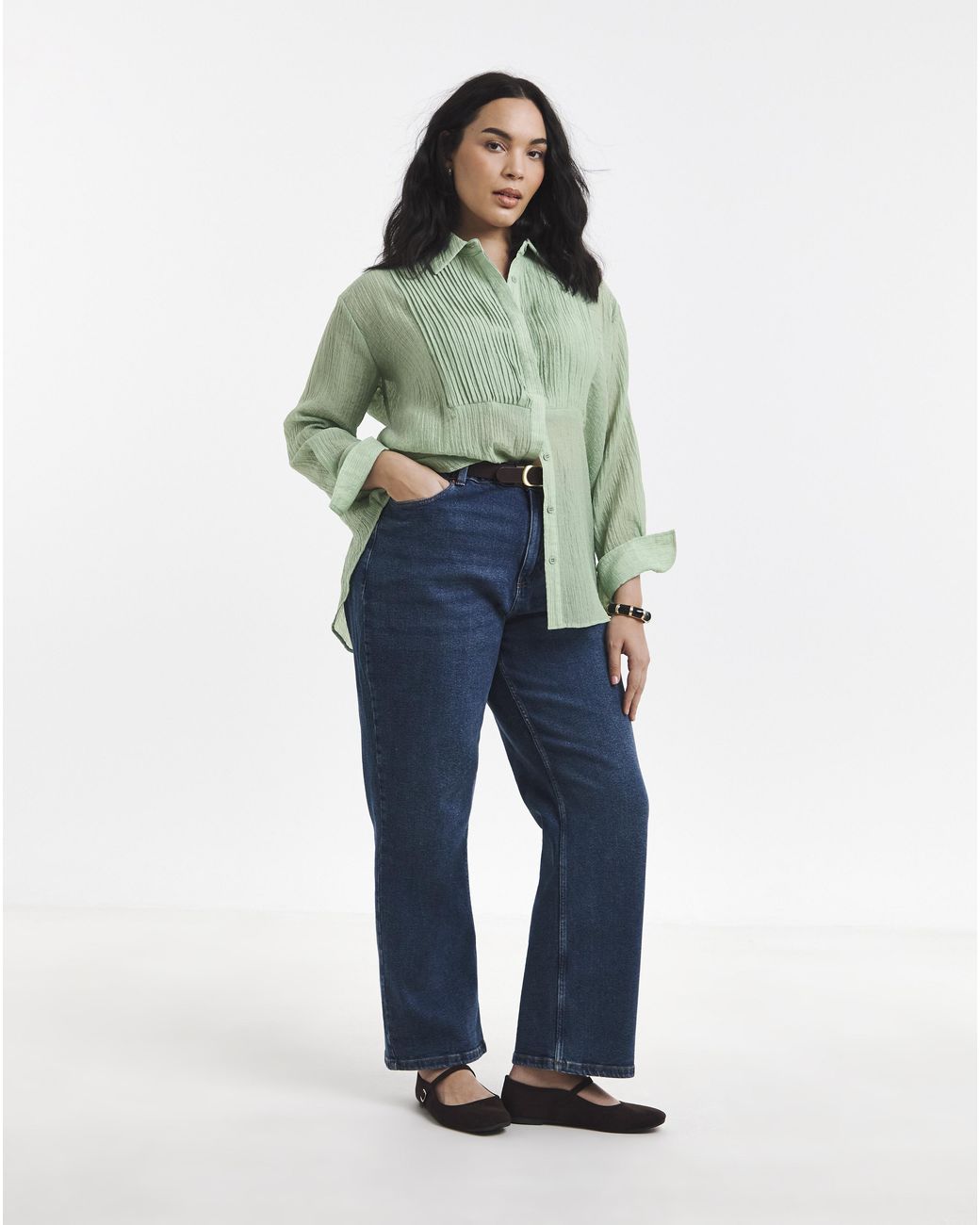 Simply Be Green Pintuck Tuxedo Shirt