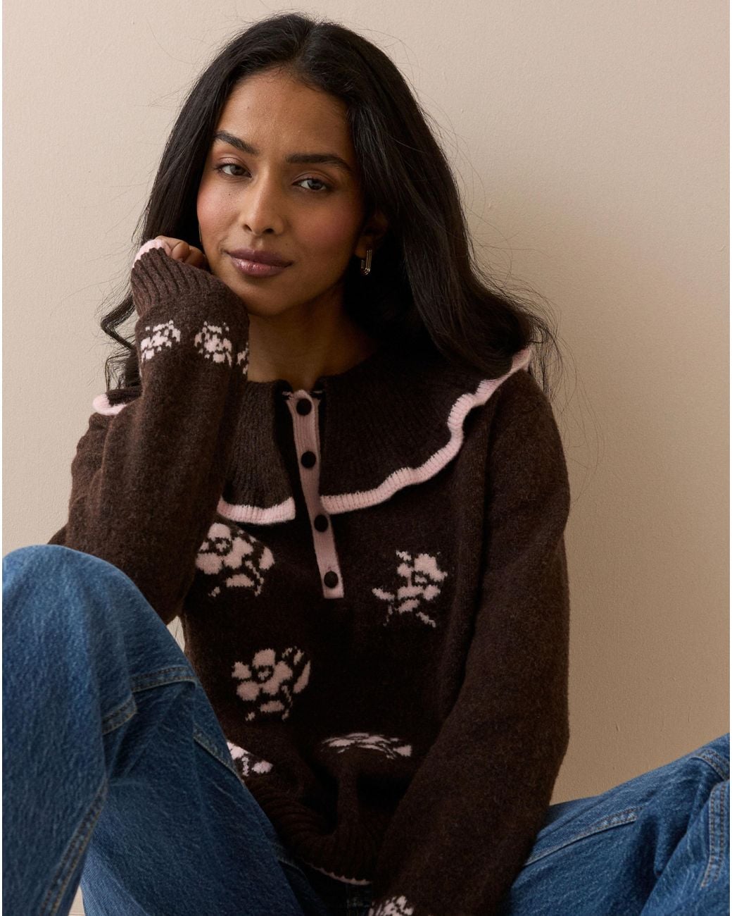 Nobody's Child Brown Floral Henley Jumper