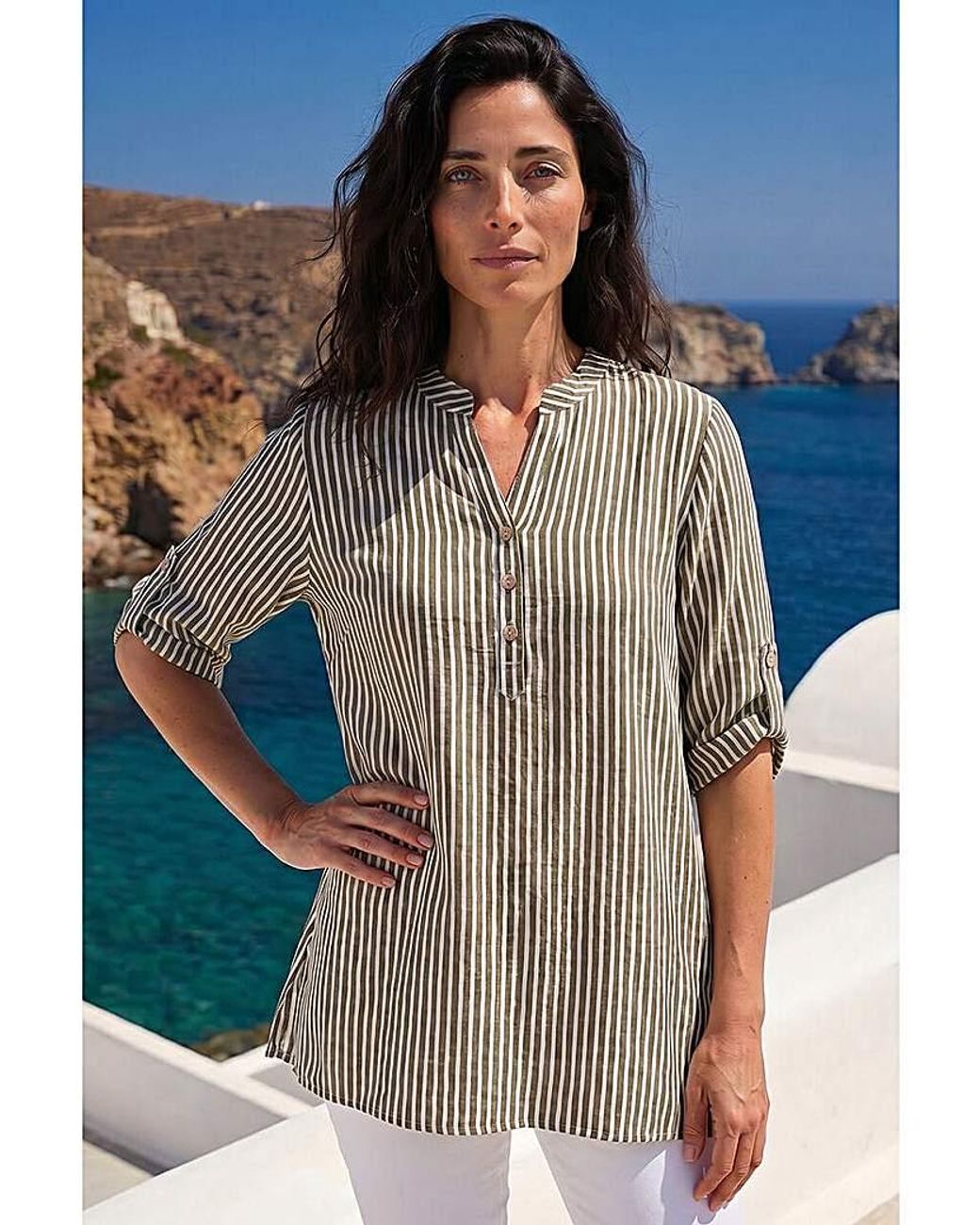 Classic Blue Roman Stripe Button Front Top