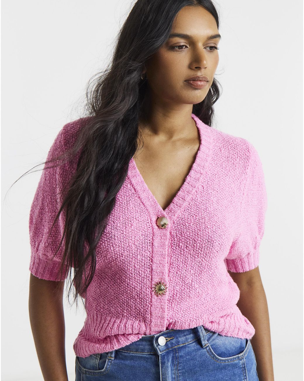 Simply Be Pink Puff Sleeve Button Cardigan