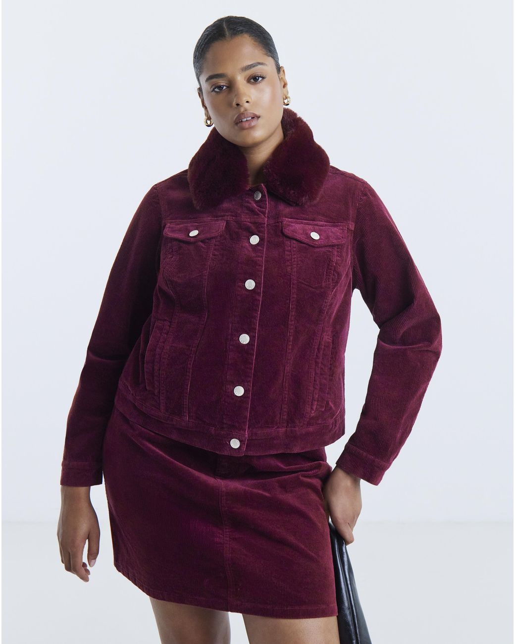 Simply Be Purple Faux Fur Collar Cord Jacket