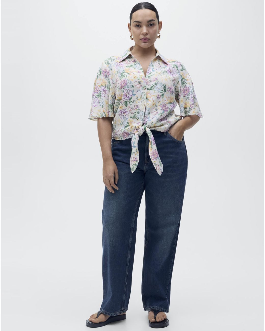 Mango White Floral Linen Shirt