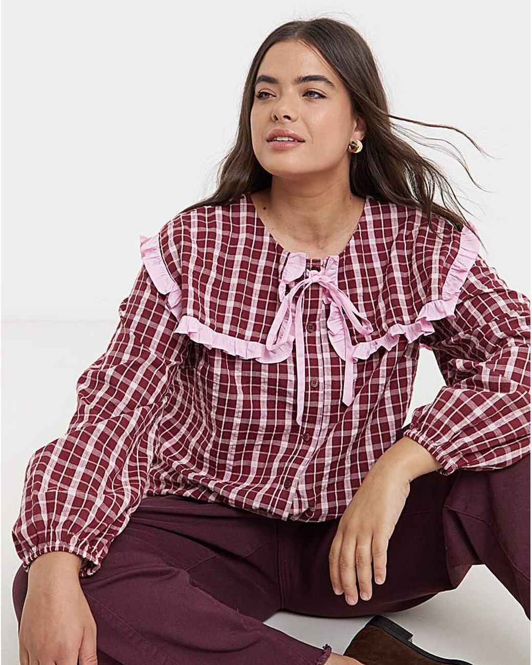Neon Rose Red Sailor Collar Checked Blouse