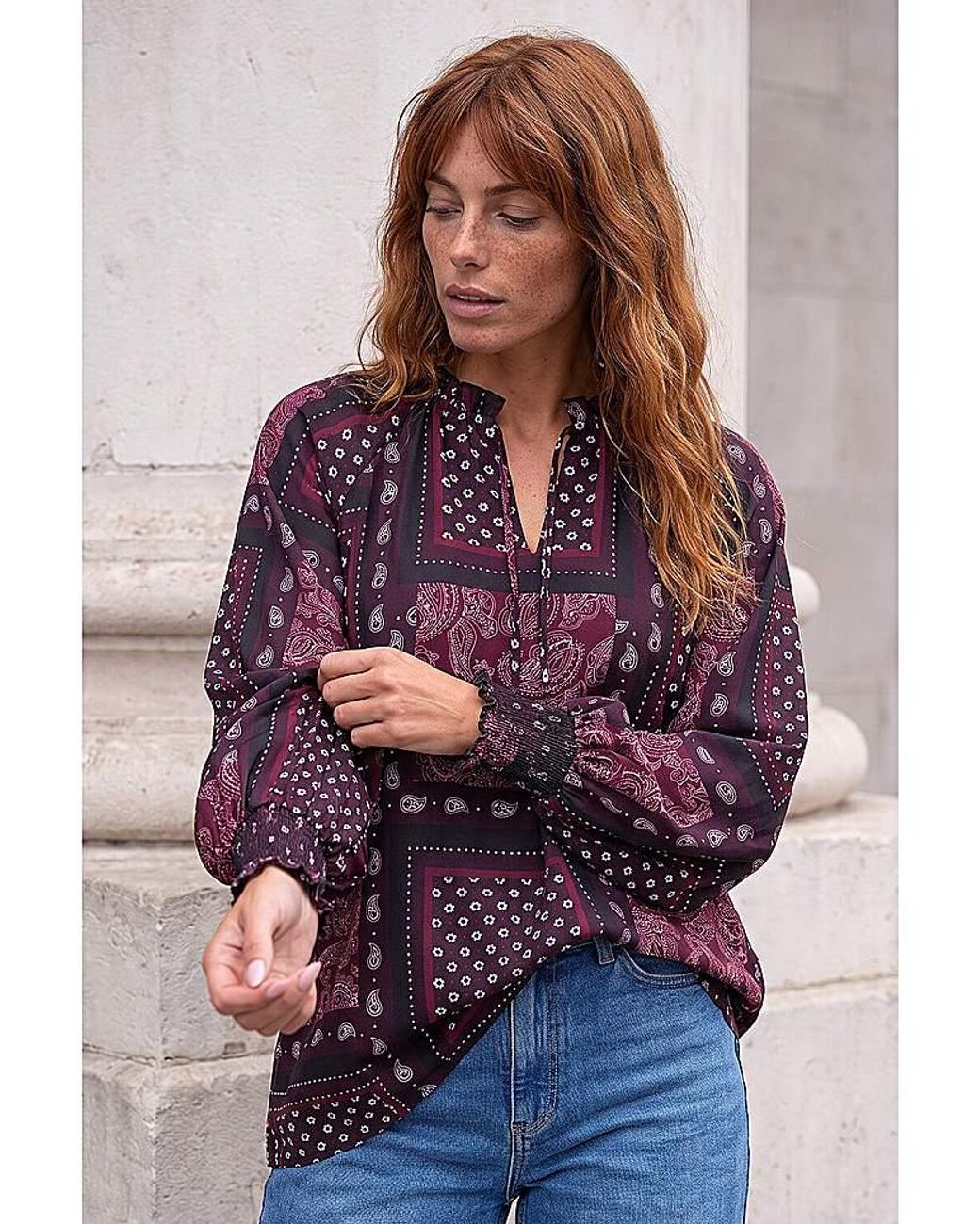 Roman Purple Roman Patchwork Print V-Neck Top