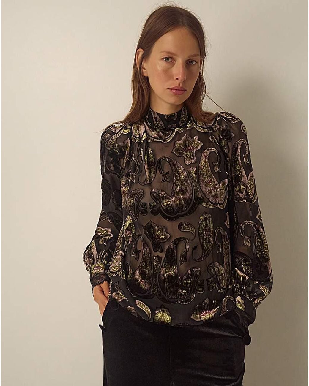 Monsoon Brown Jaz High Neck Paisley Devore Top