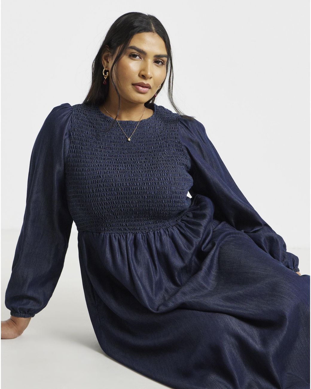 Simply Be Blue Long Sleeve Denim Shirred Midaxi Dress
