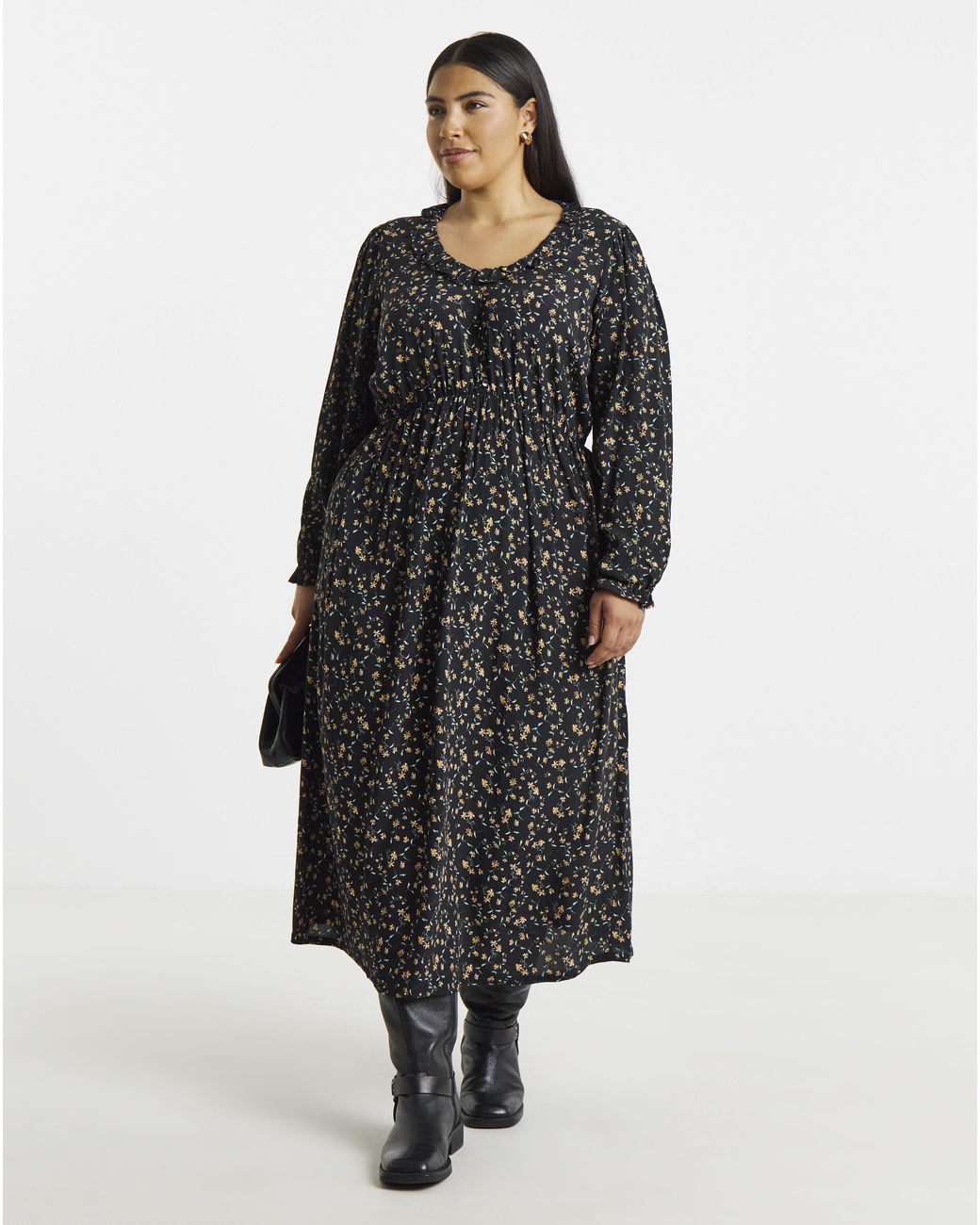 Simply Be Black Frill Neck Detail Midi Dress