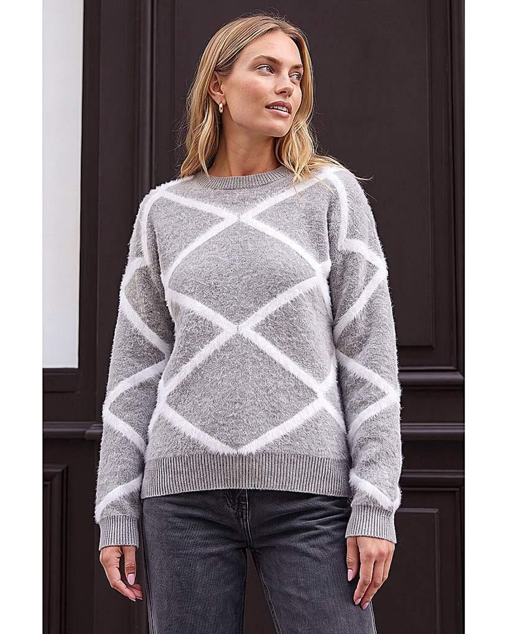 Roman Gray Roman Fluffy Diamond Print Knit Jumper