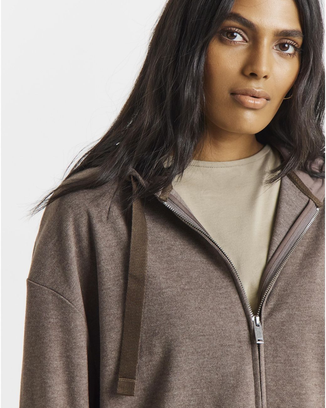 Simply Be Brown Cut & Sew Rib Zip Hoodie