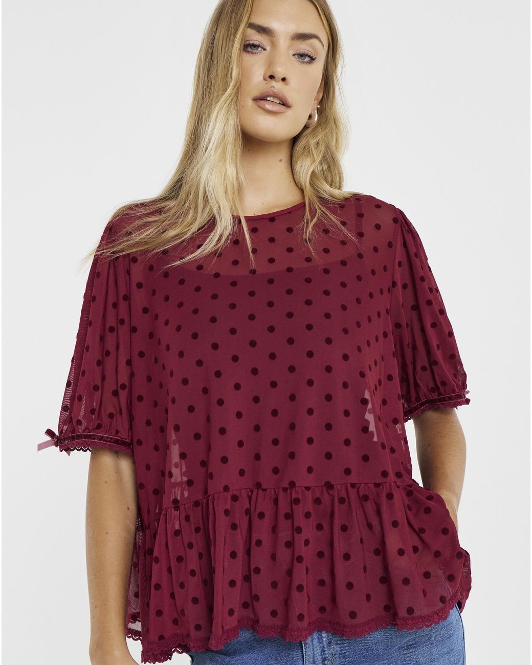 Simply Be Red Lace Mesh Puff Sleeve Top