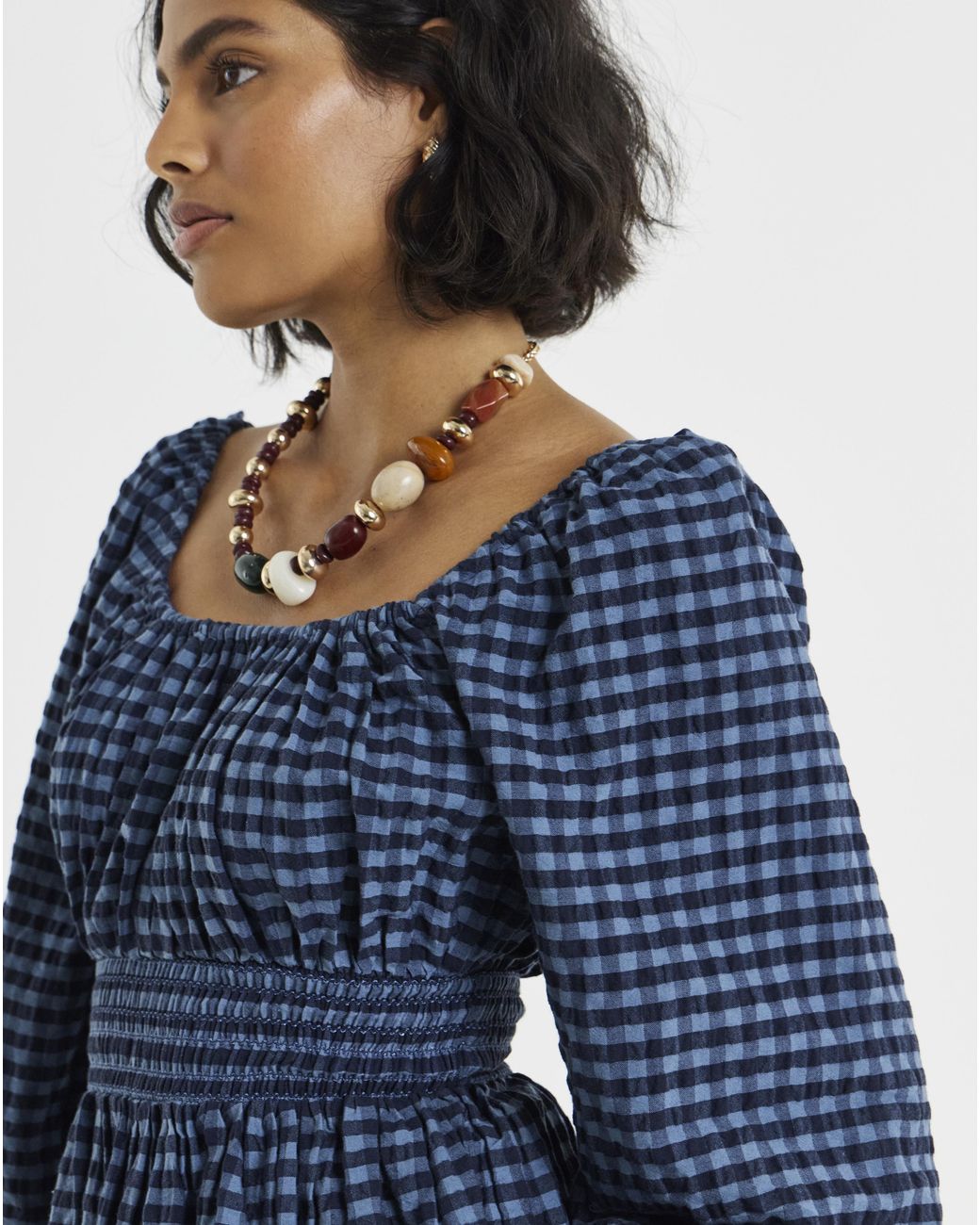 Simply Be Blue Gingham Shirred Waist Blouse