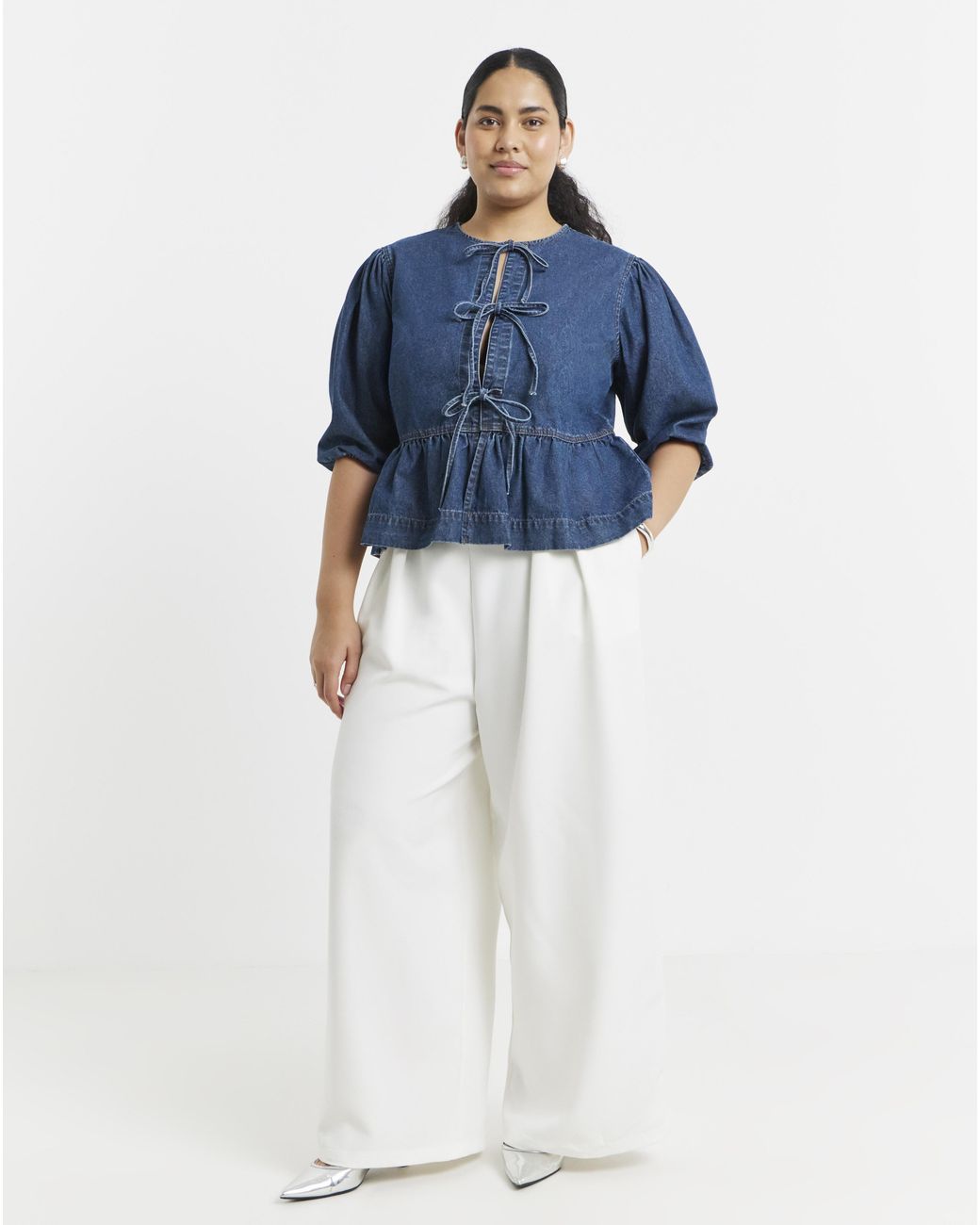 Simply Be Blue Tie Front Peplum Blouse