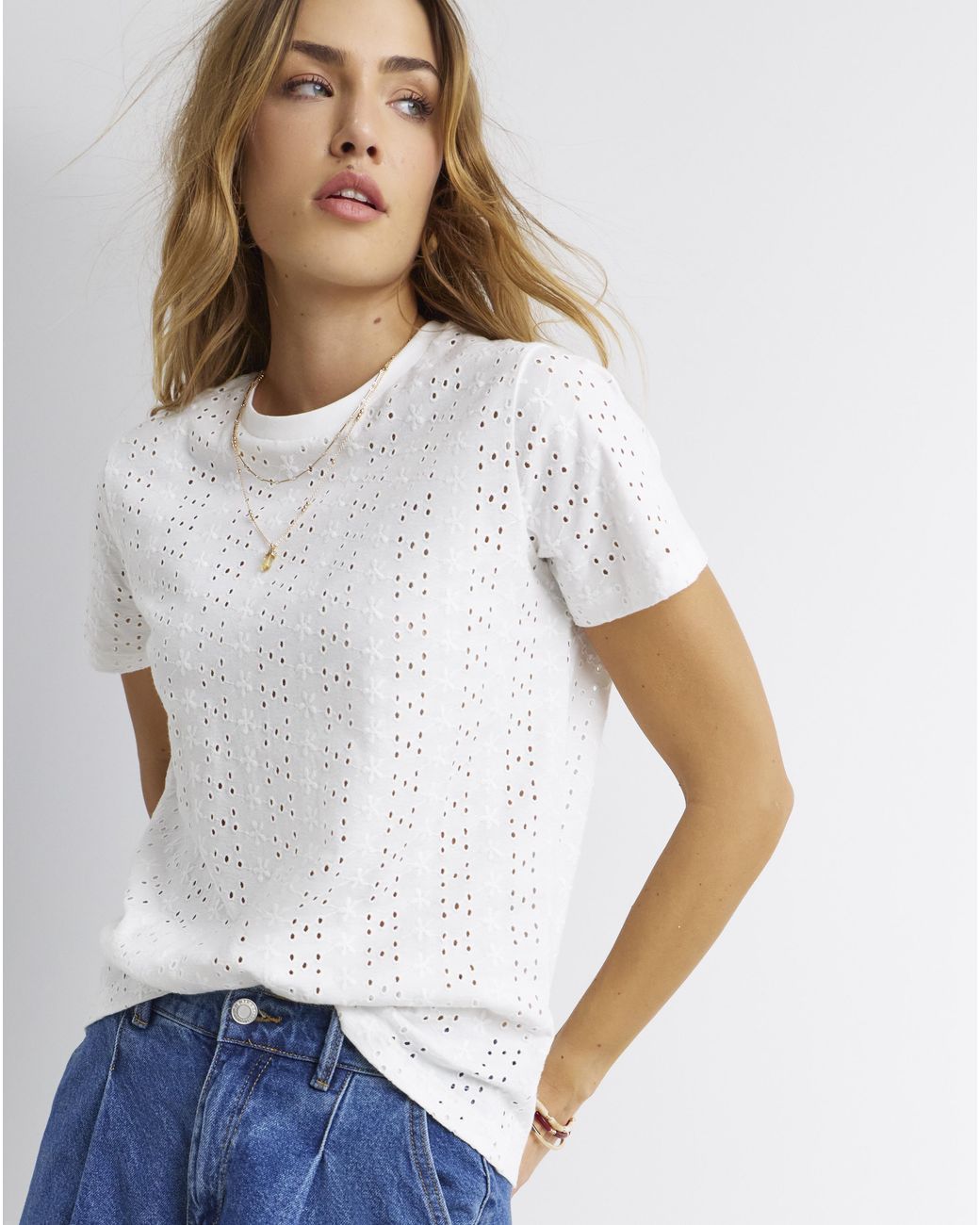 Simply Be Blue All Over Stretch Broderie T-Shirt