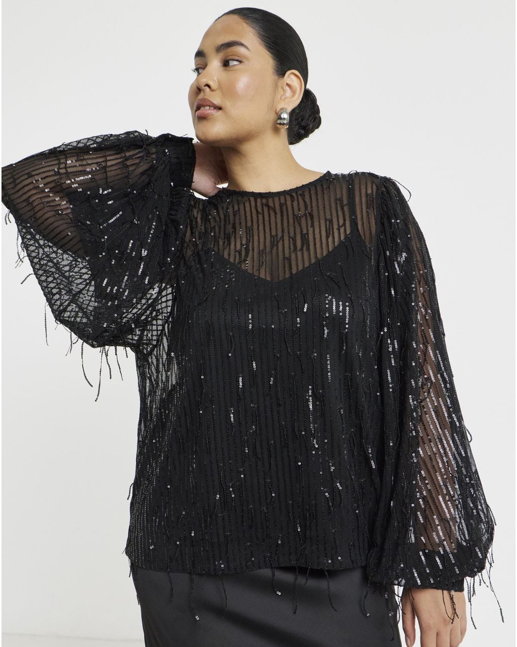 Simply Be Black Fringe Sequin Blouse