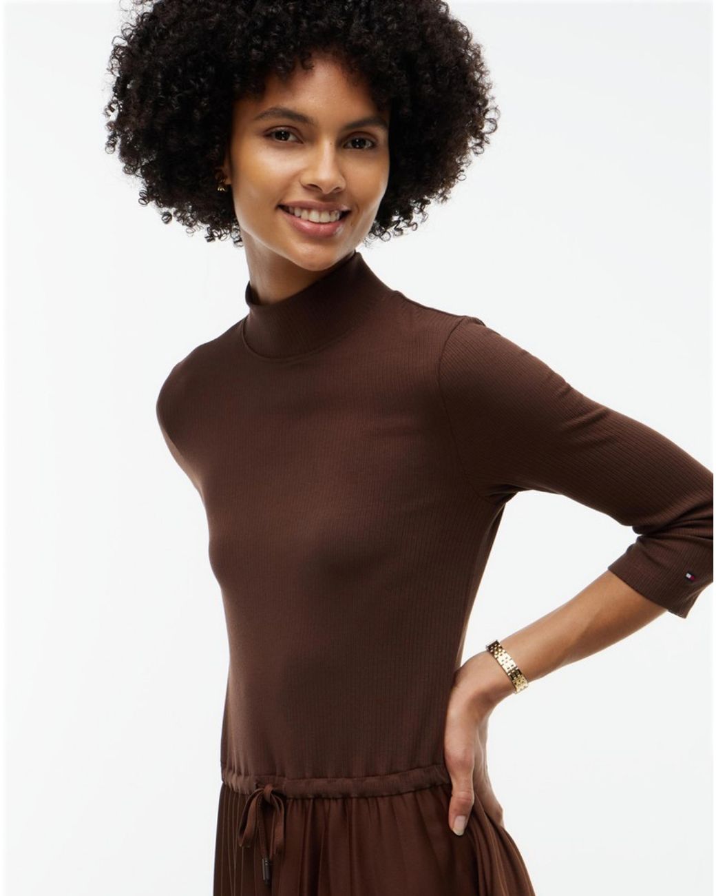Tommy Hilfiger Brown Slim Rib Mix Midi Dress