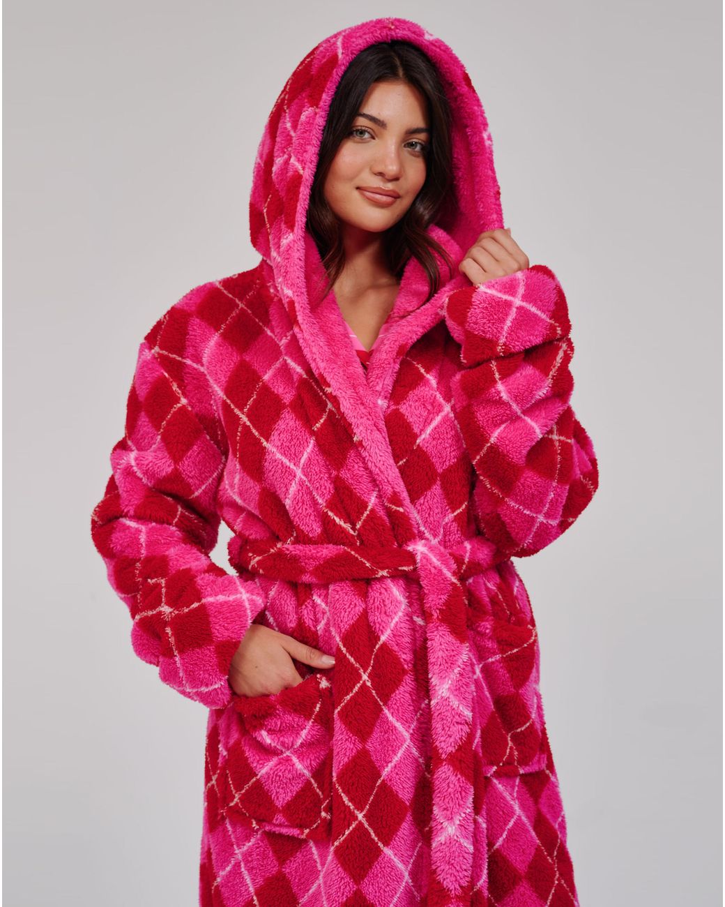 Loungeable Red Argyle Midi Dressing Gown