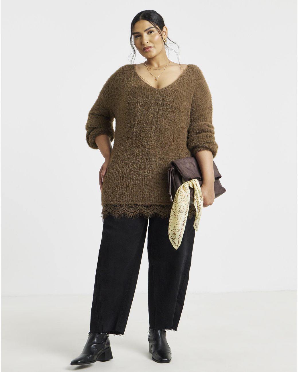 Simply Be Brown Fluffy Lace V-Neck Tunic