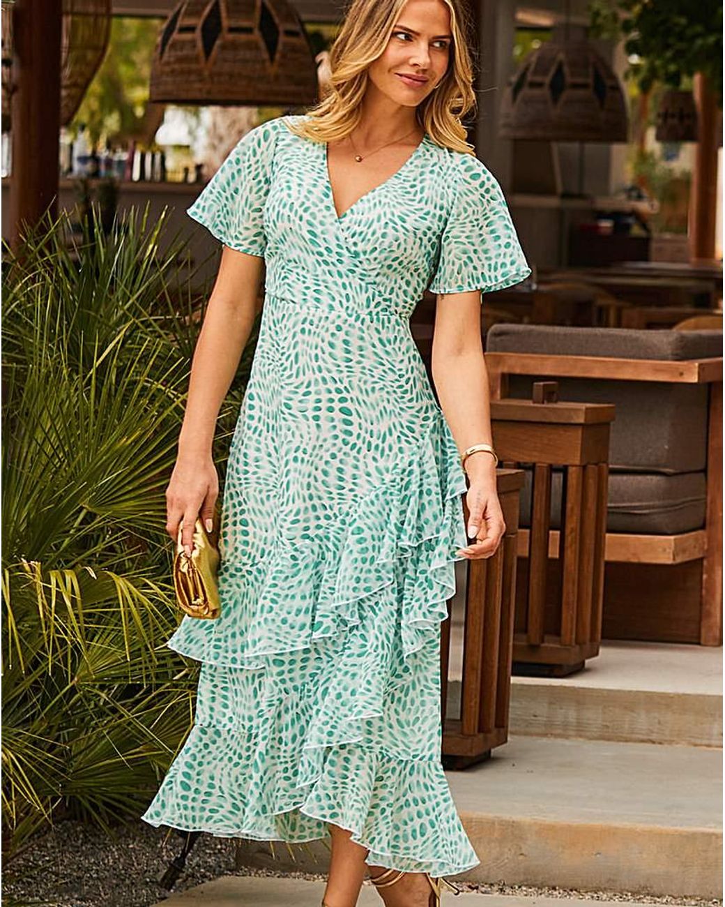 Sosandar Green Chiffon Ruffle Midi Dress