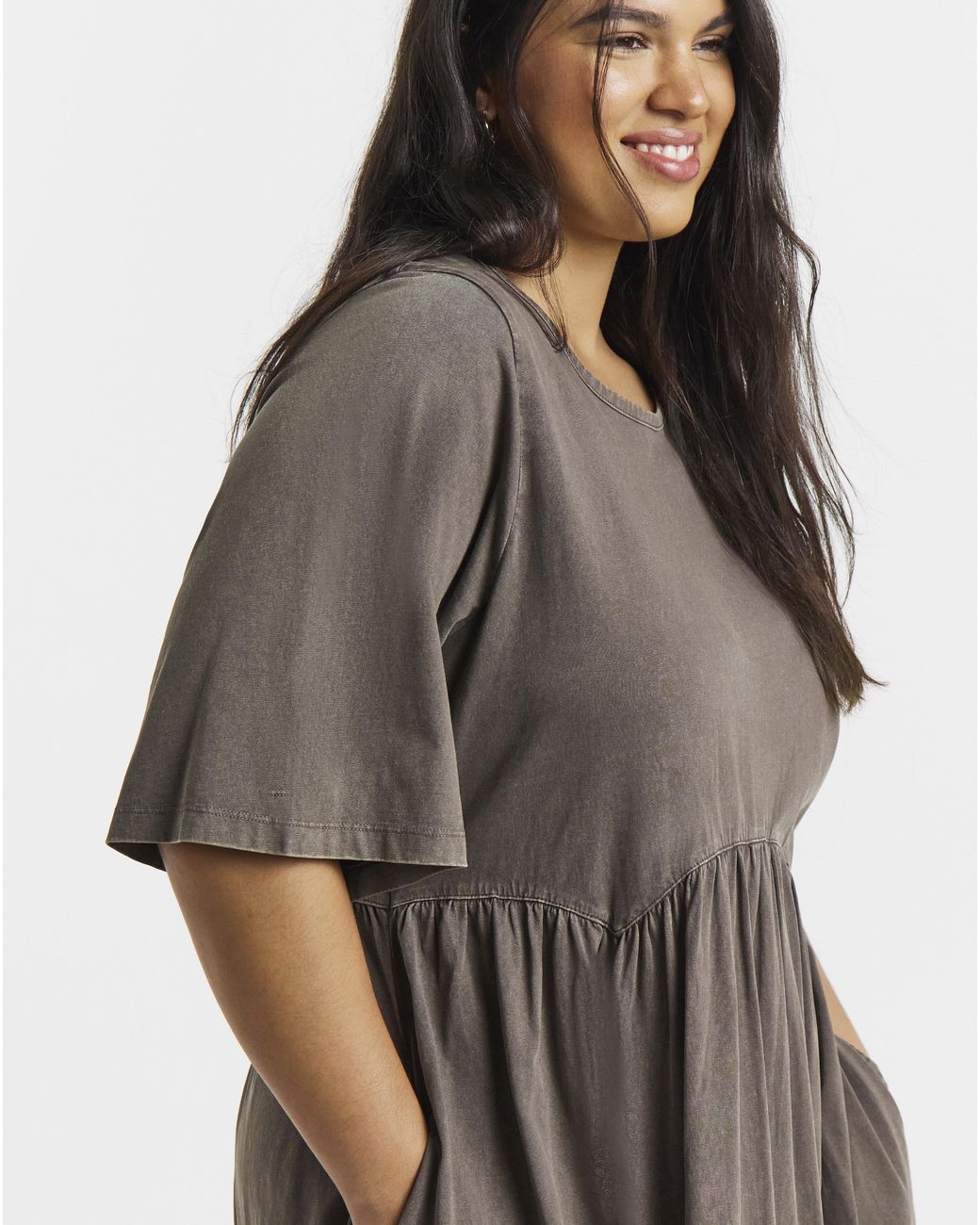Simply Be Brown Acid Wash Boxy Sleeve Midi Dress