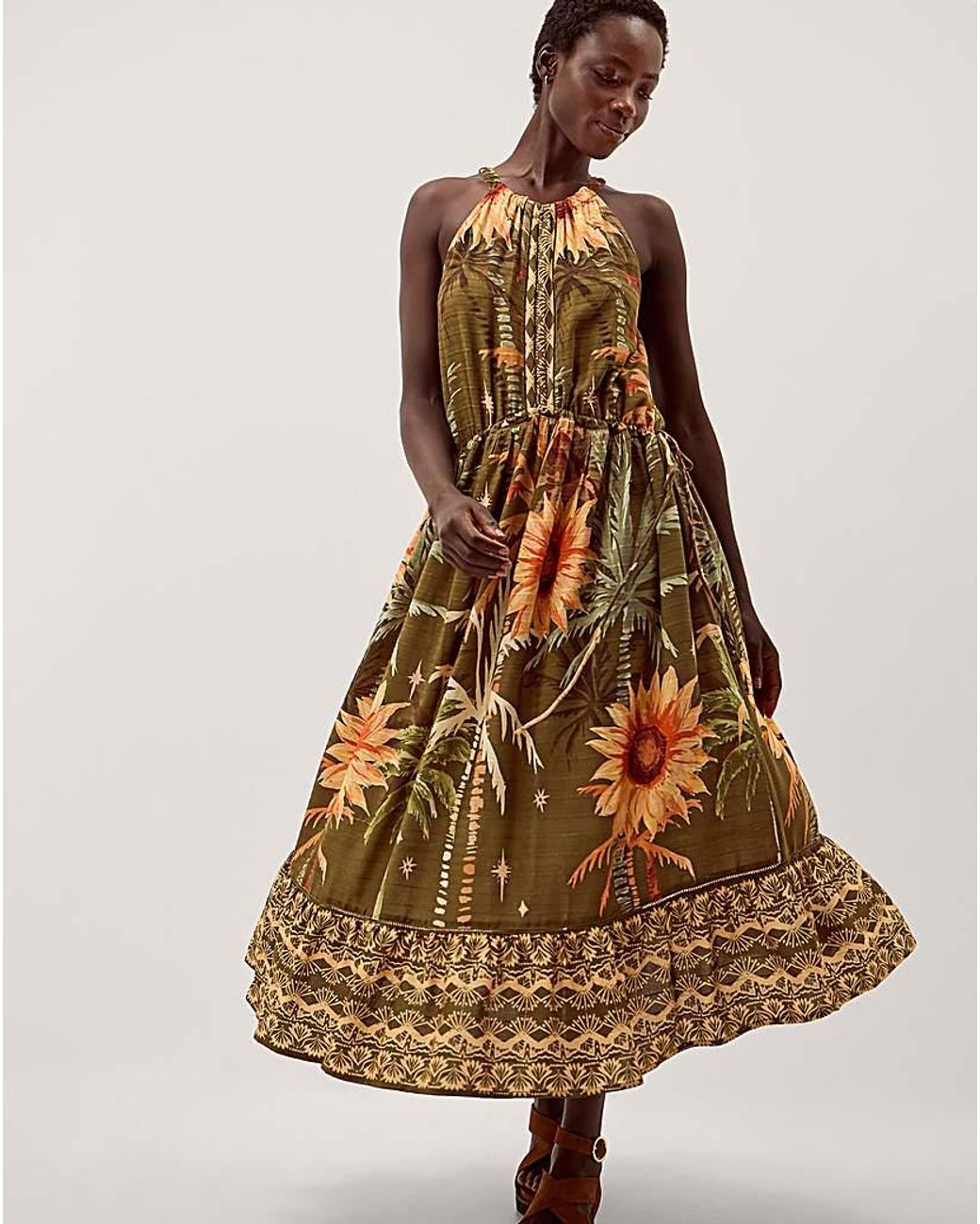 Monsoon Brown Fallon Tropical Print Midi Dress