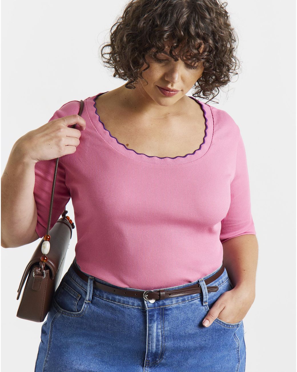 Simply Be Pink Contrast Scallop Scoop Neck