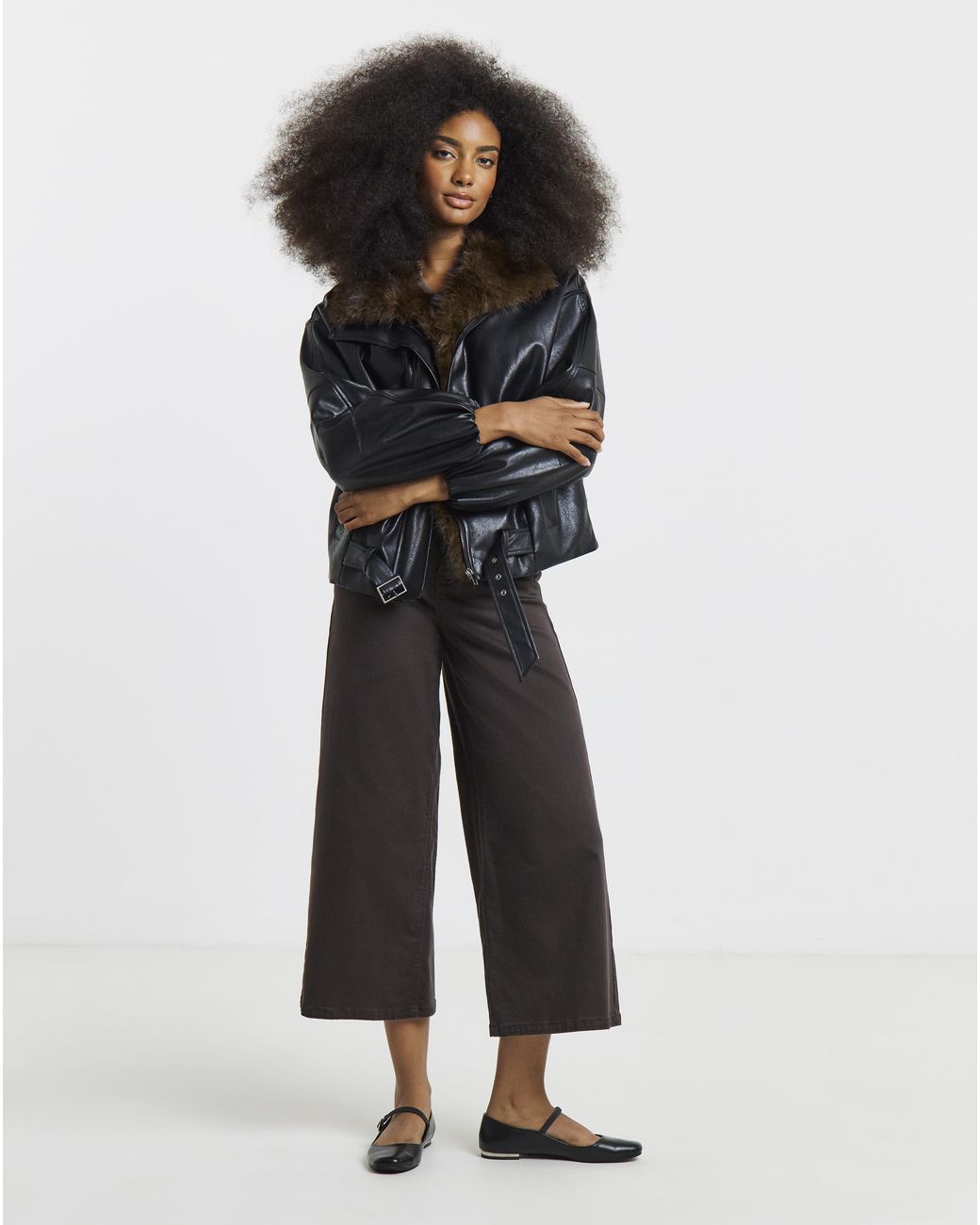 Simply Be Black Faux Leather Fur Collar Jacket