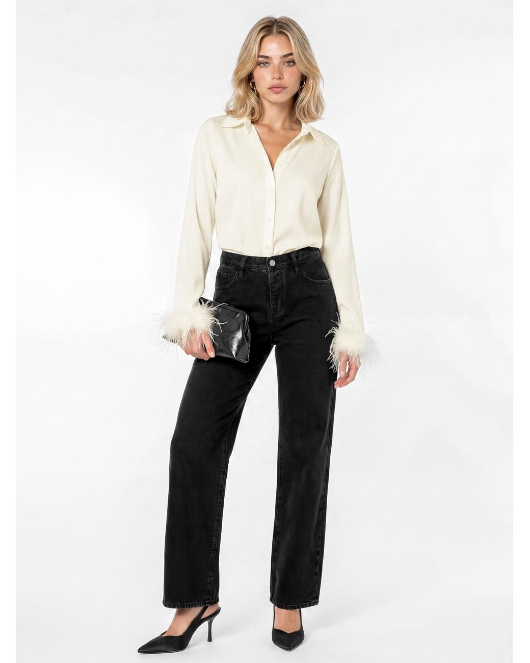 Lovedrobe White Feather Cuff Satin Shirt