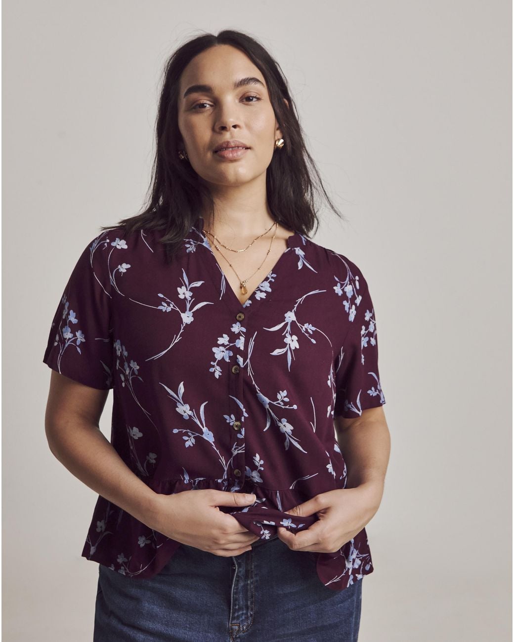 Julipa Purple Printed Button Down Peplum Blouse