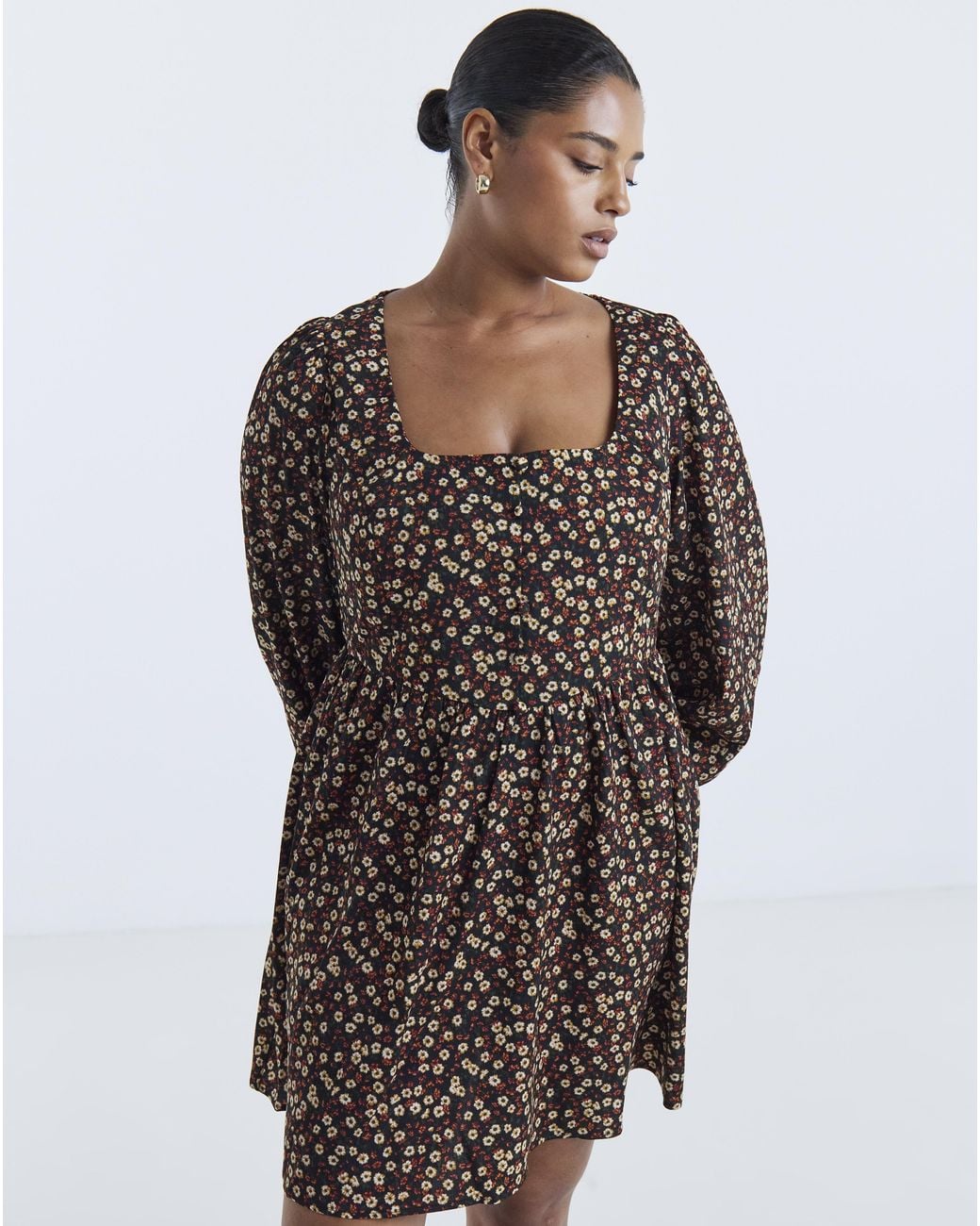 Simply Be Brown Floral Historic Detail Skater Dress