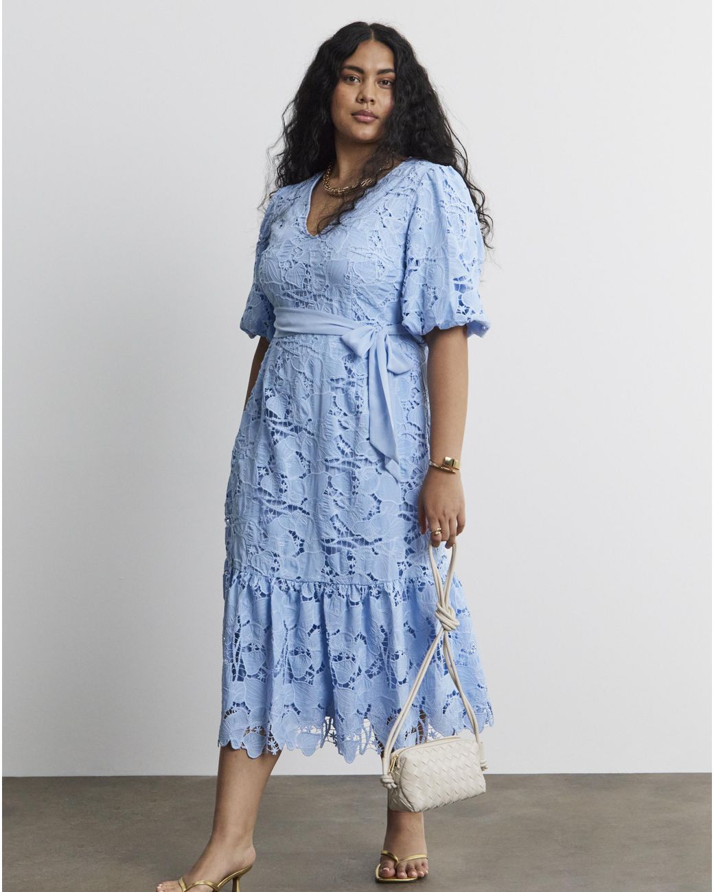 Joanna Hope Blue Blouson Sleeve Lace Dress