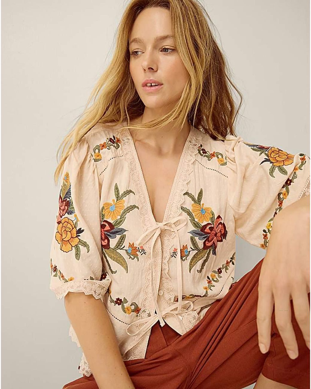 Monsoon Brown Yvette Embroidered Lace Tie Top