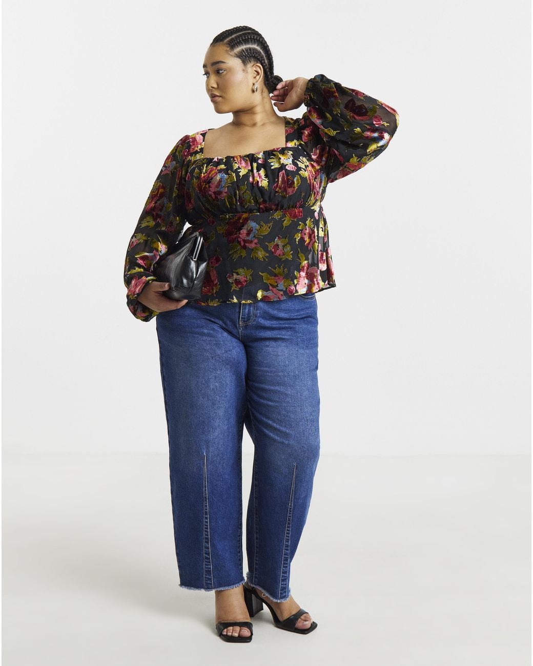 Simply Be Black Devore Blouson Sleeve Blouse