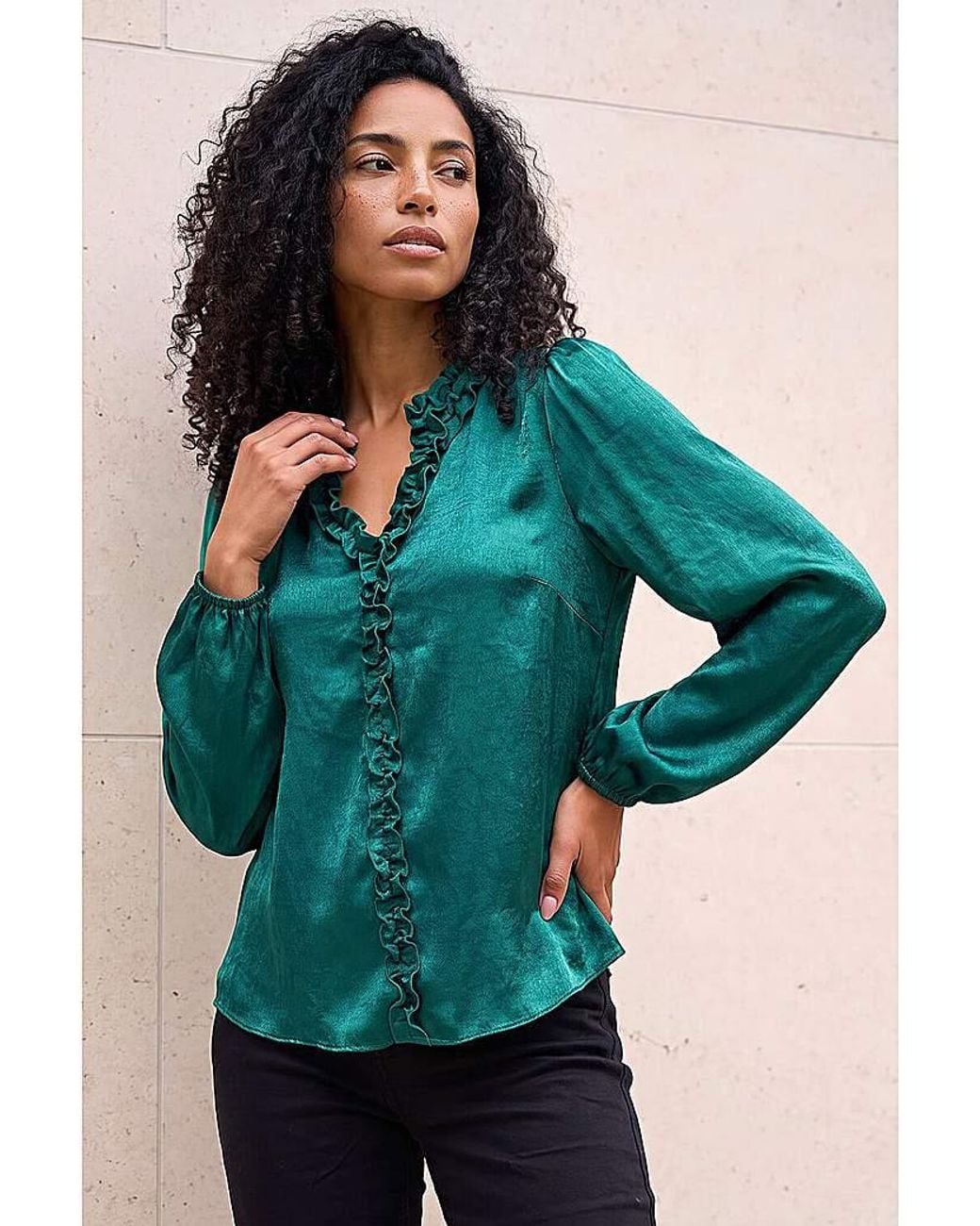 Roman Green Roman Crinkle Satin Frill V-Neck Top