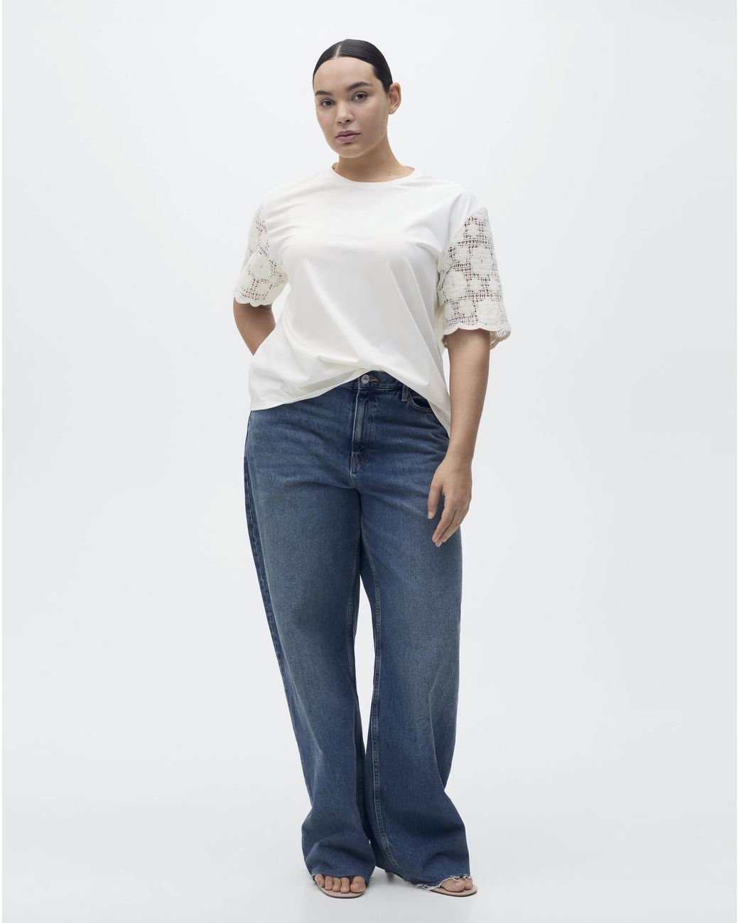 Mango White Crochet Sleeve Cotton T-Shirt