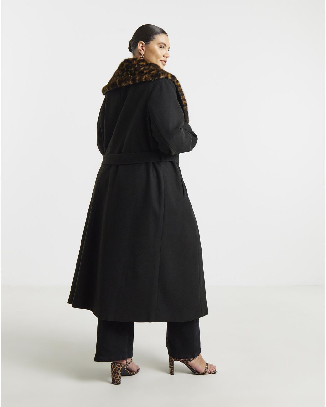 Simply Be Black Leopard Faux Fur Collar Coat