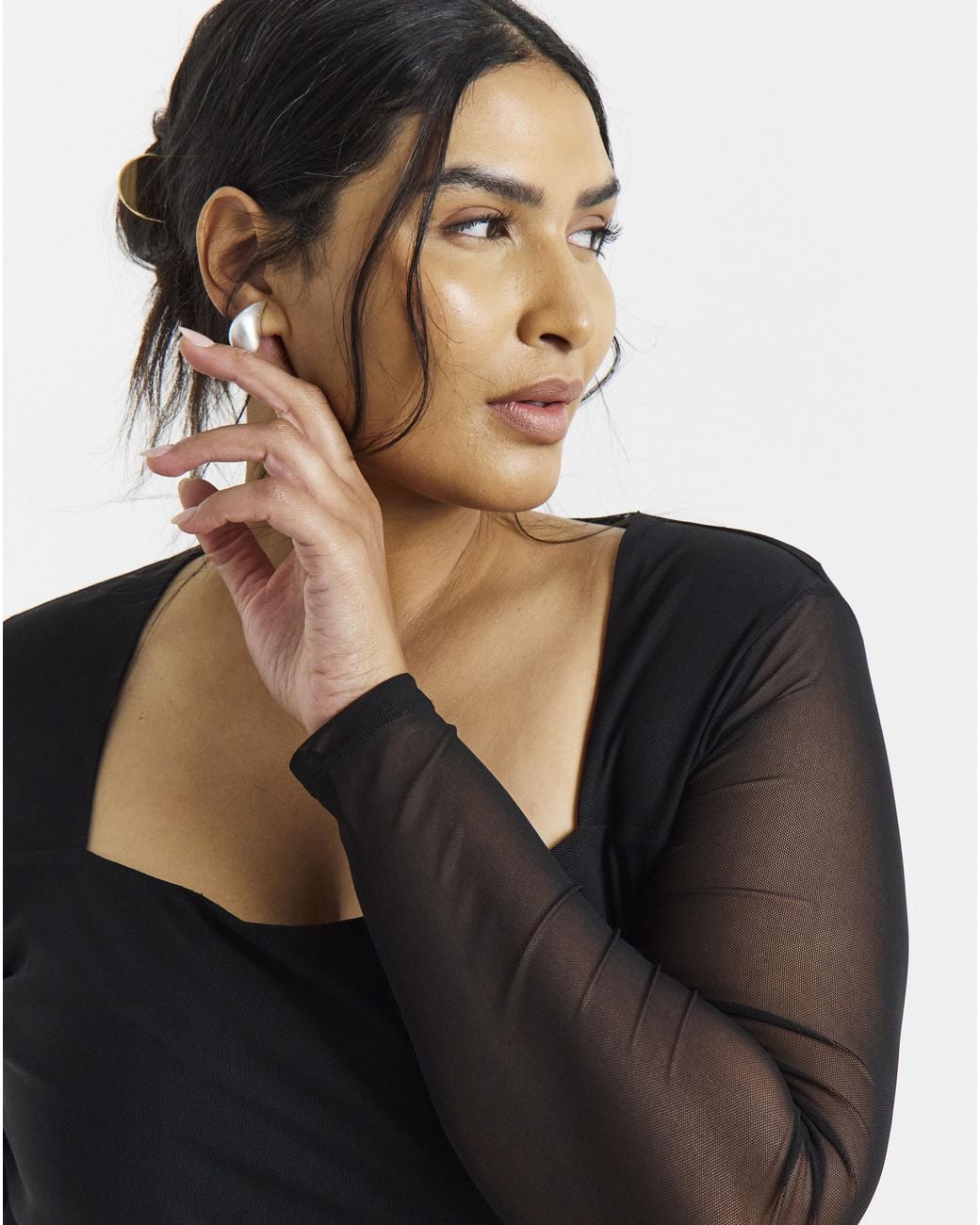 Simply Be Black Mesh Square Neck Ls Top