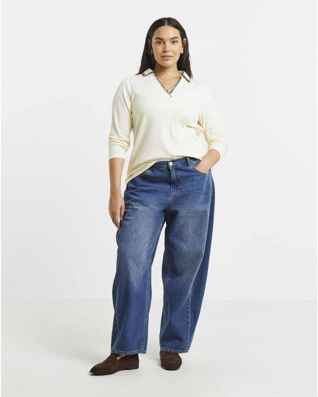 Simply Be White Rib Blanket Stitch Polo