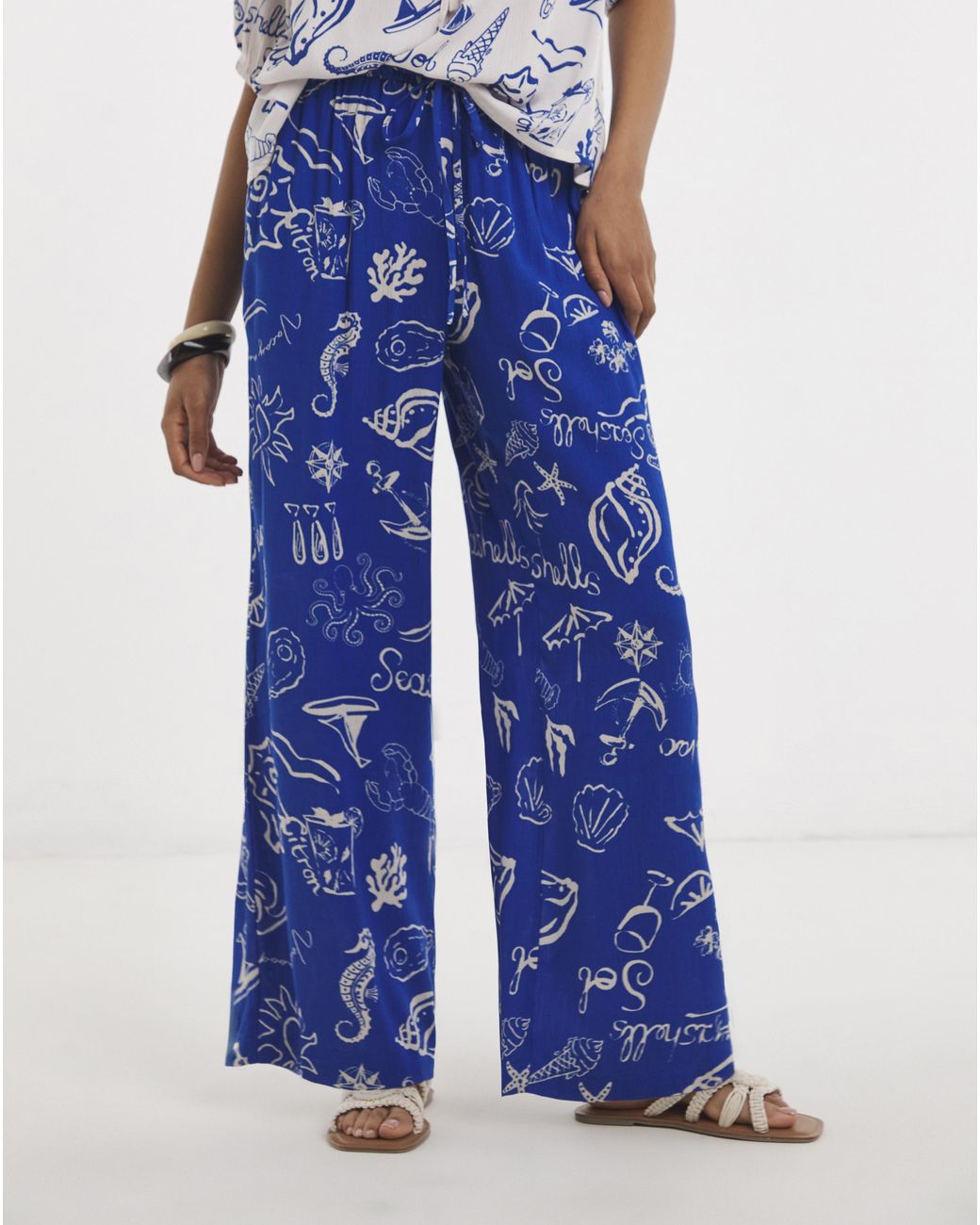 Simply Be Blue Shell Print Wide Leg Crinkle Trouser