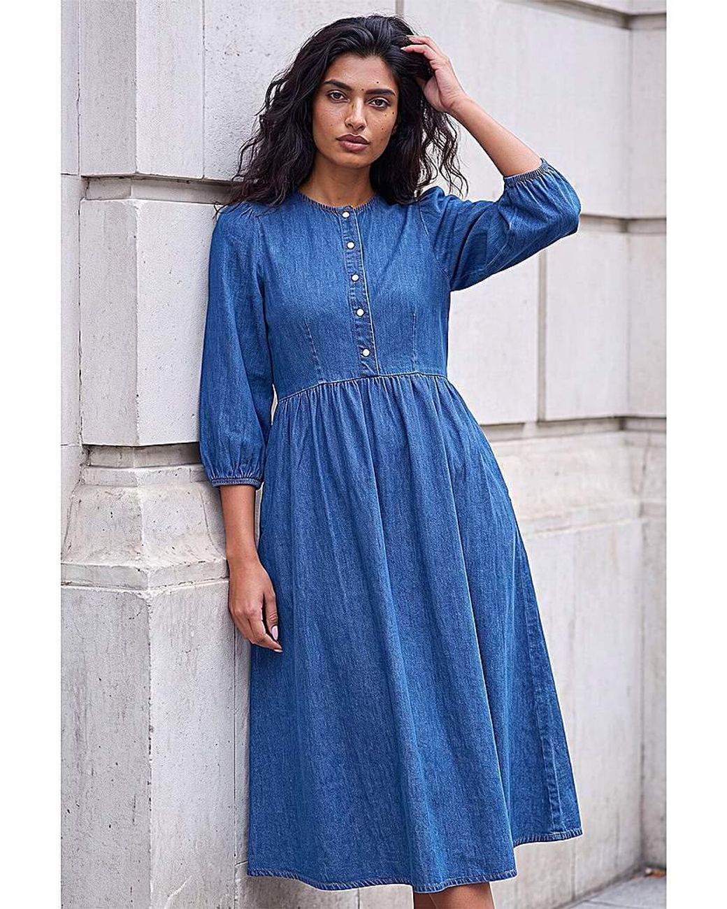 Roman Blue Roman Popper Buttoned Midi Dress