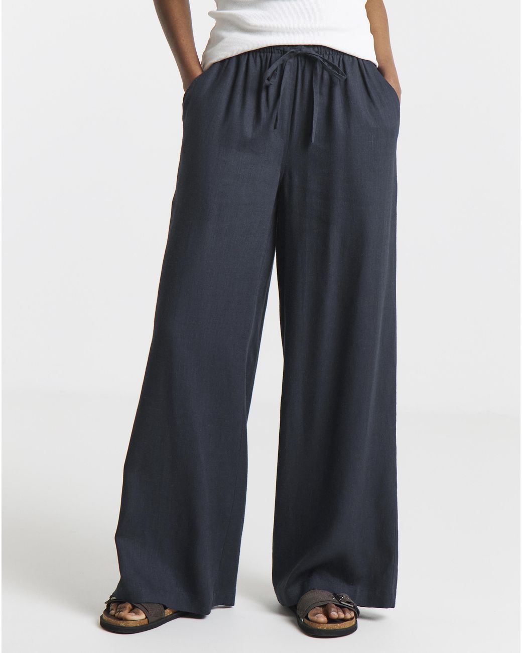 Simply Be Blue Tie Waist Wide Leg Linen Mix Trousers