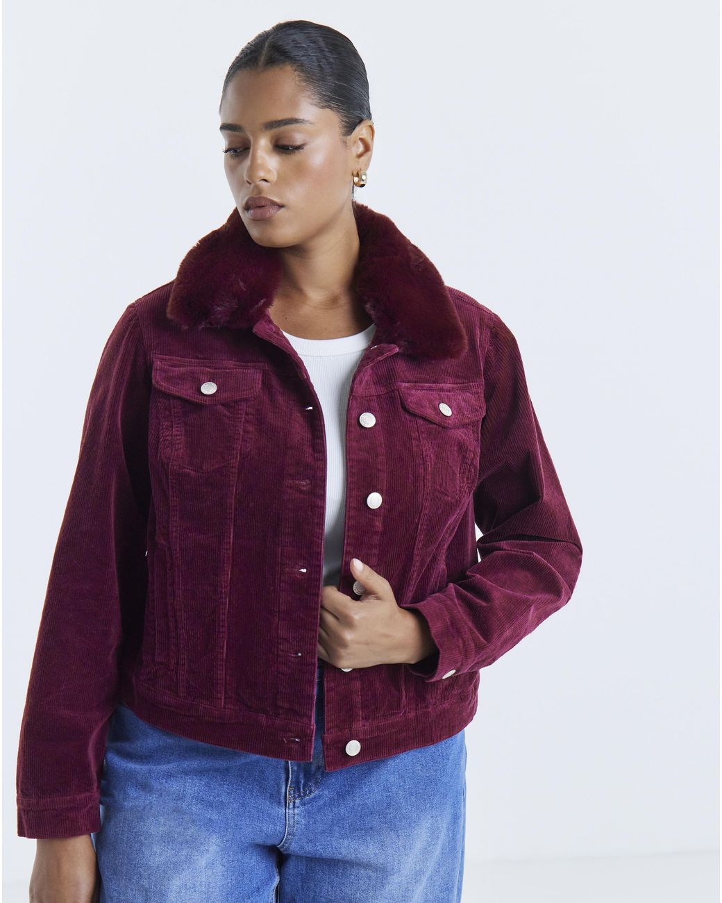 Simply Be Purple Faux Fur Collar Cord Jacket