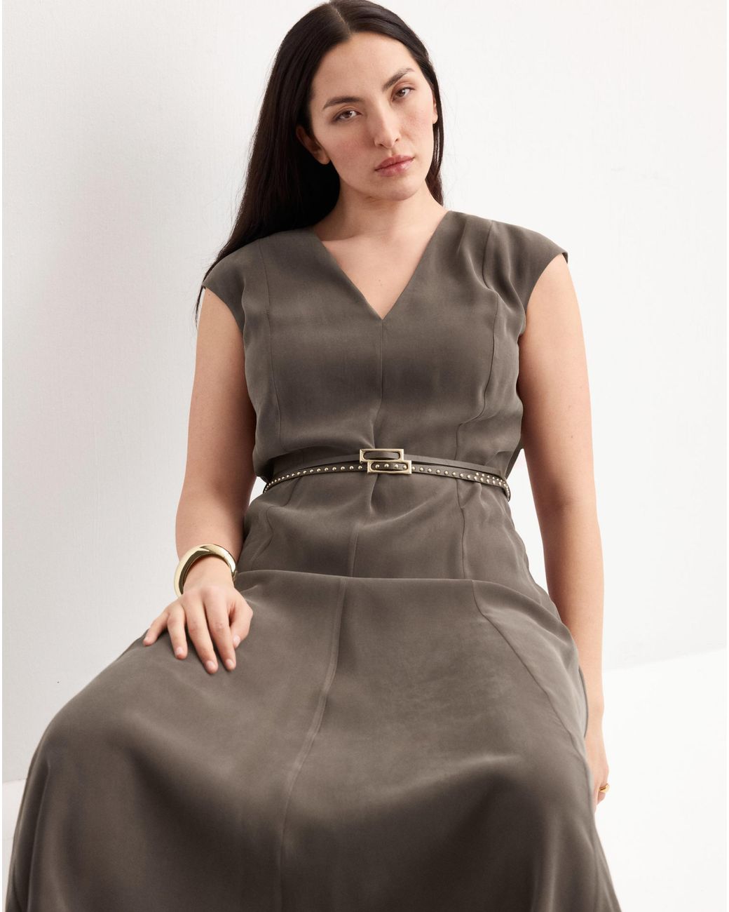 Mango Brown Double-Belt A-Line Dress