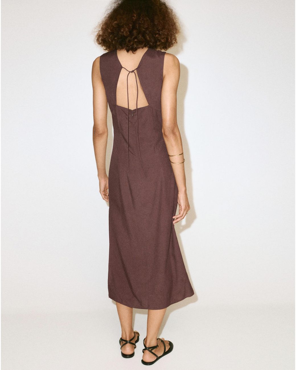 Mango Brown Side Ruched Dress With Tie Detail